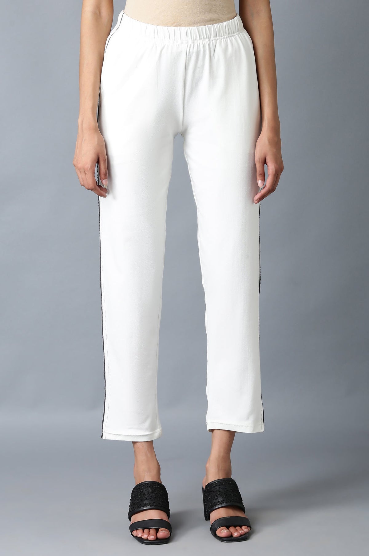 Elleven Women's White Solid Straight Fit Cotton Pants With Elasticated Waistband - S