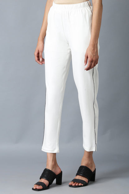 White Solid Straight Fit Cotton Pants With Elasticated Waistband