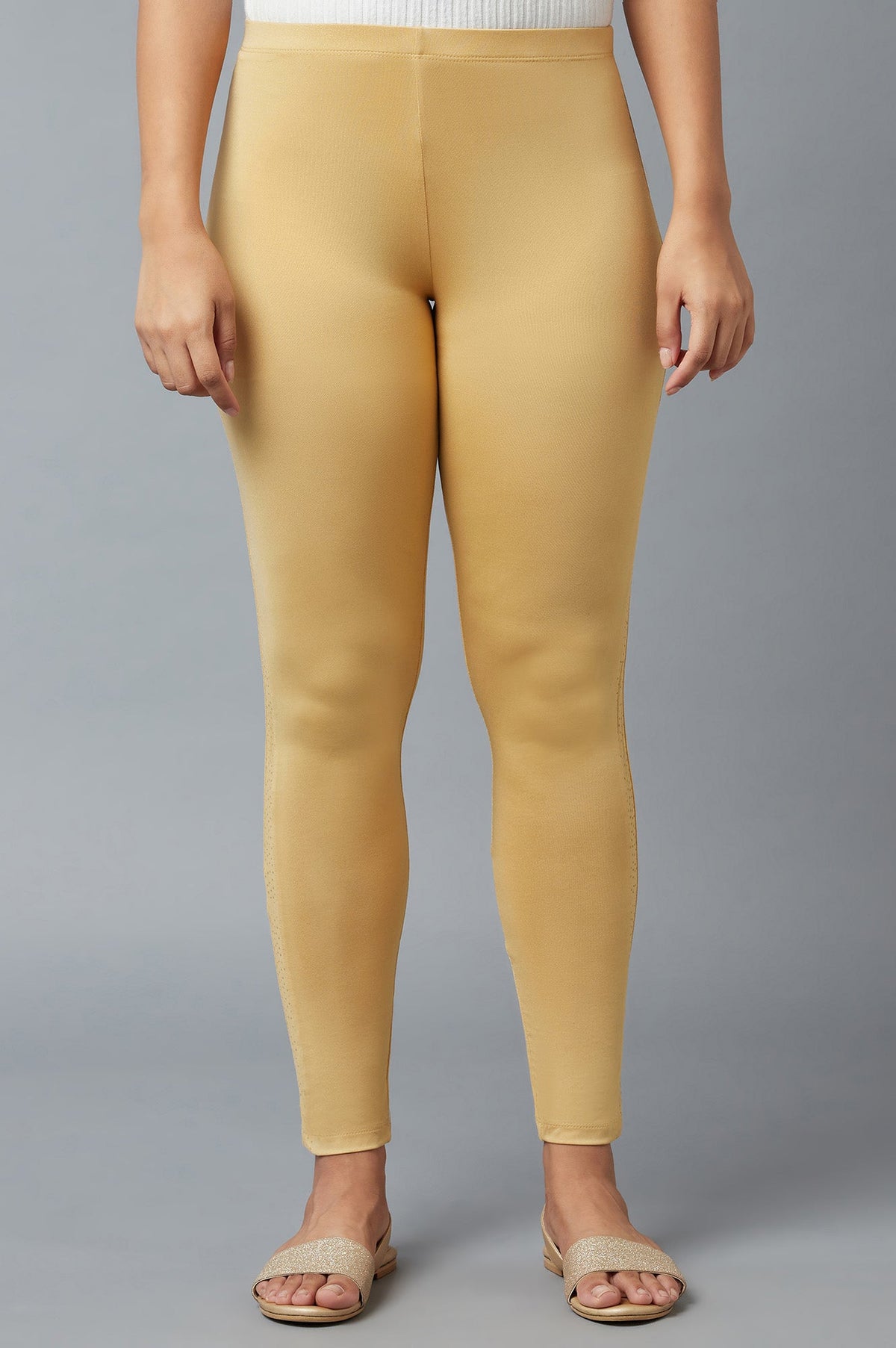 Elleven Women's Gold Solid Skinny Poly Lycra Tights With Elasticated Waist - XS