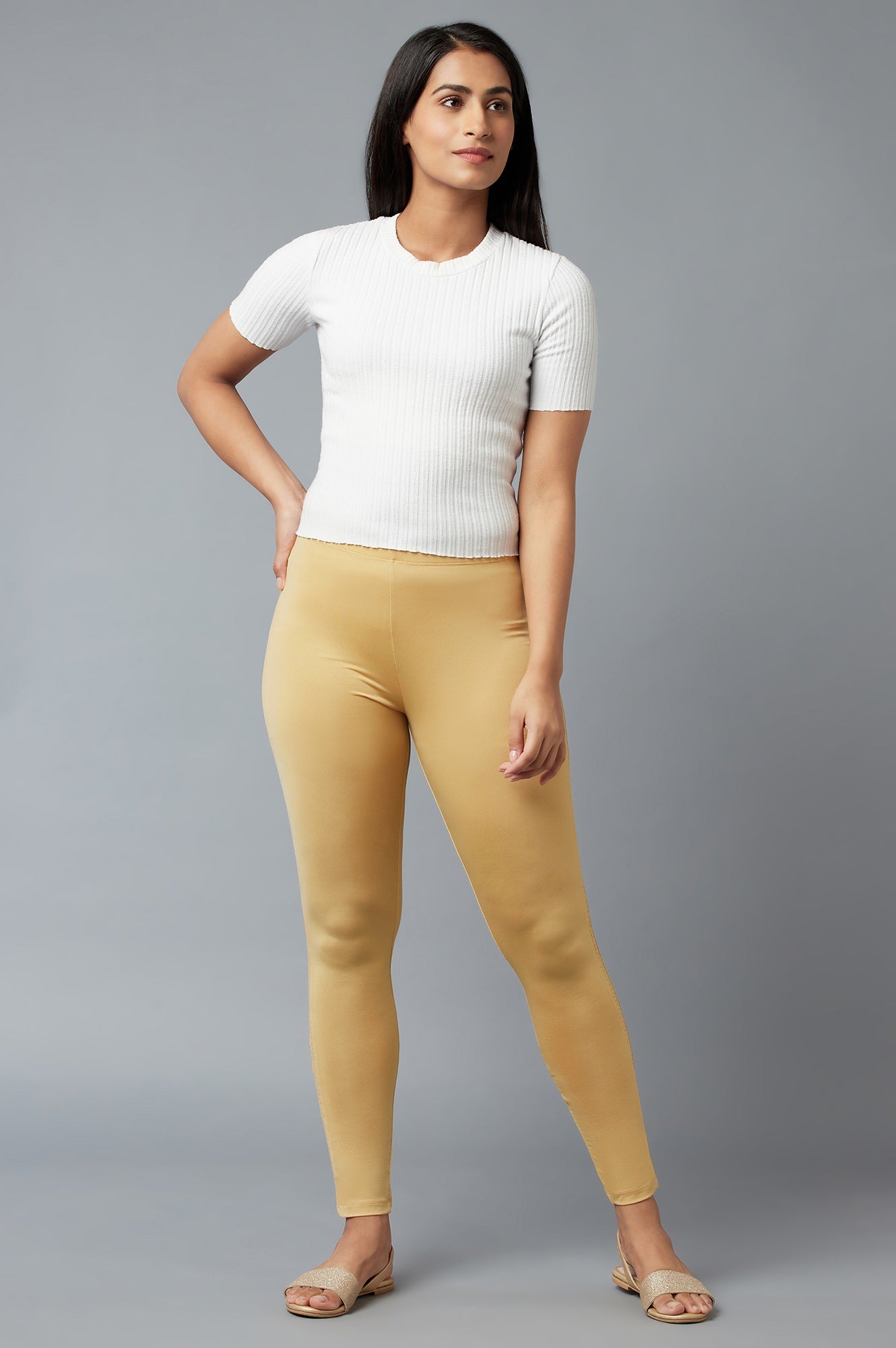 Gold Solid Skinny Poly Lycra Tights With Elasticated Waist