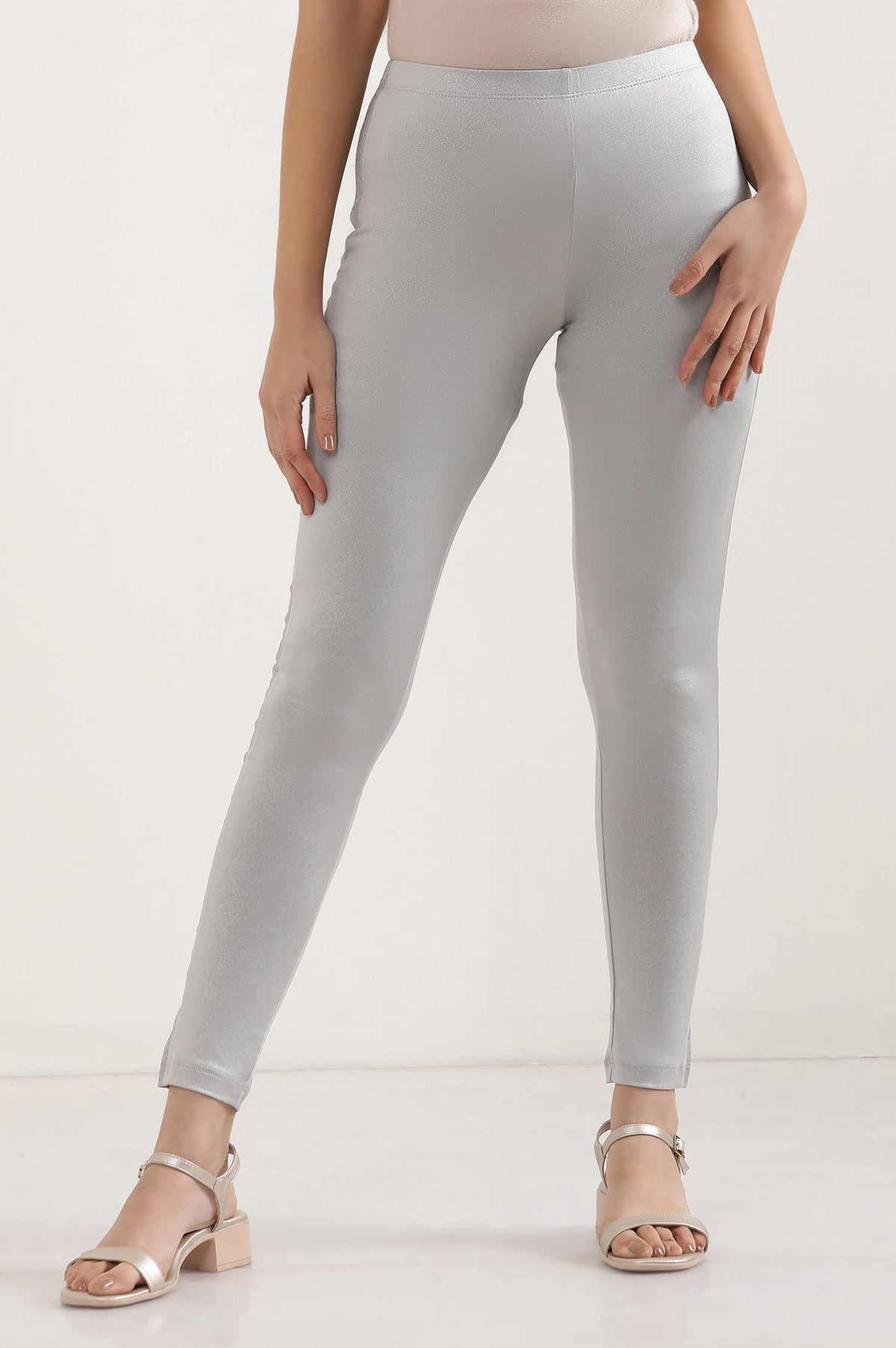 Elleven Women's Silver Solid Skinny Fit Tights With Elasticated Waist - S