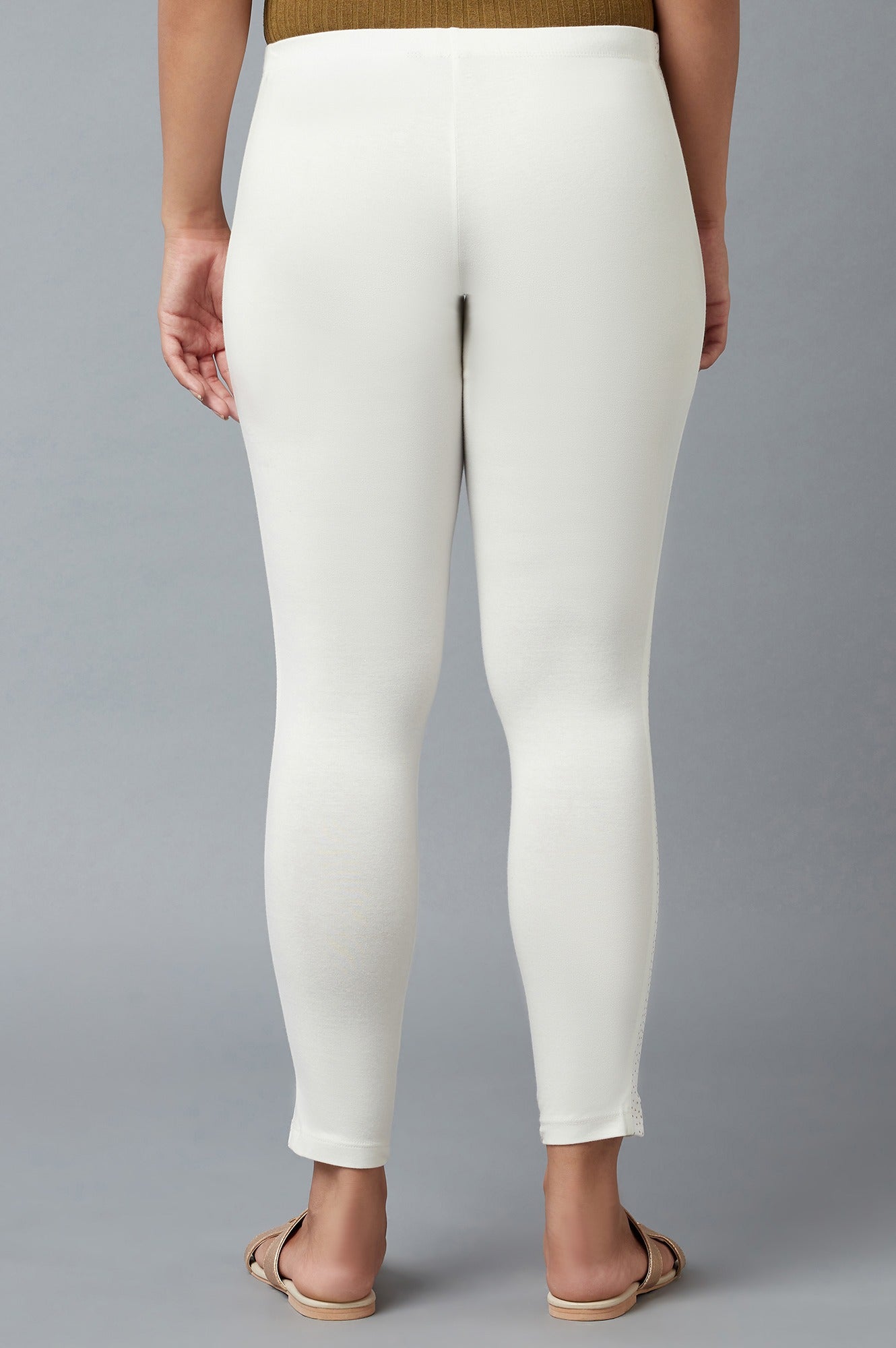 White Solid Skinny Fit Cotton Tights With Elasticated Waist