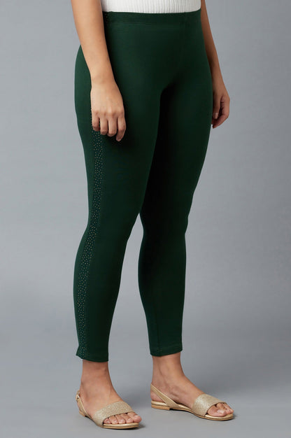 Green Solid Skinny Fit Cotton Tights With Elasticated Waist