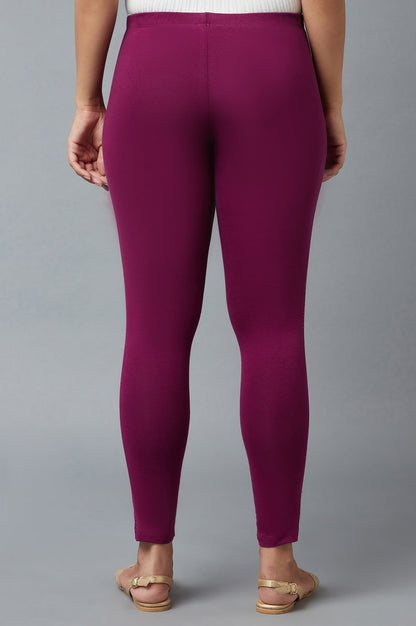 Purple Solid Skinny Fit Cotton Tights With Elasticated Waist