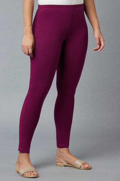 Purple Solid Skinny Fit Cotton Tights With Elasticated Waist