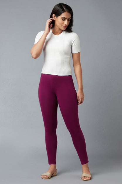 Purple Solid Skinny Fit Cotton Tights With Elasticated Waist