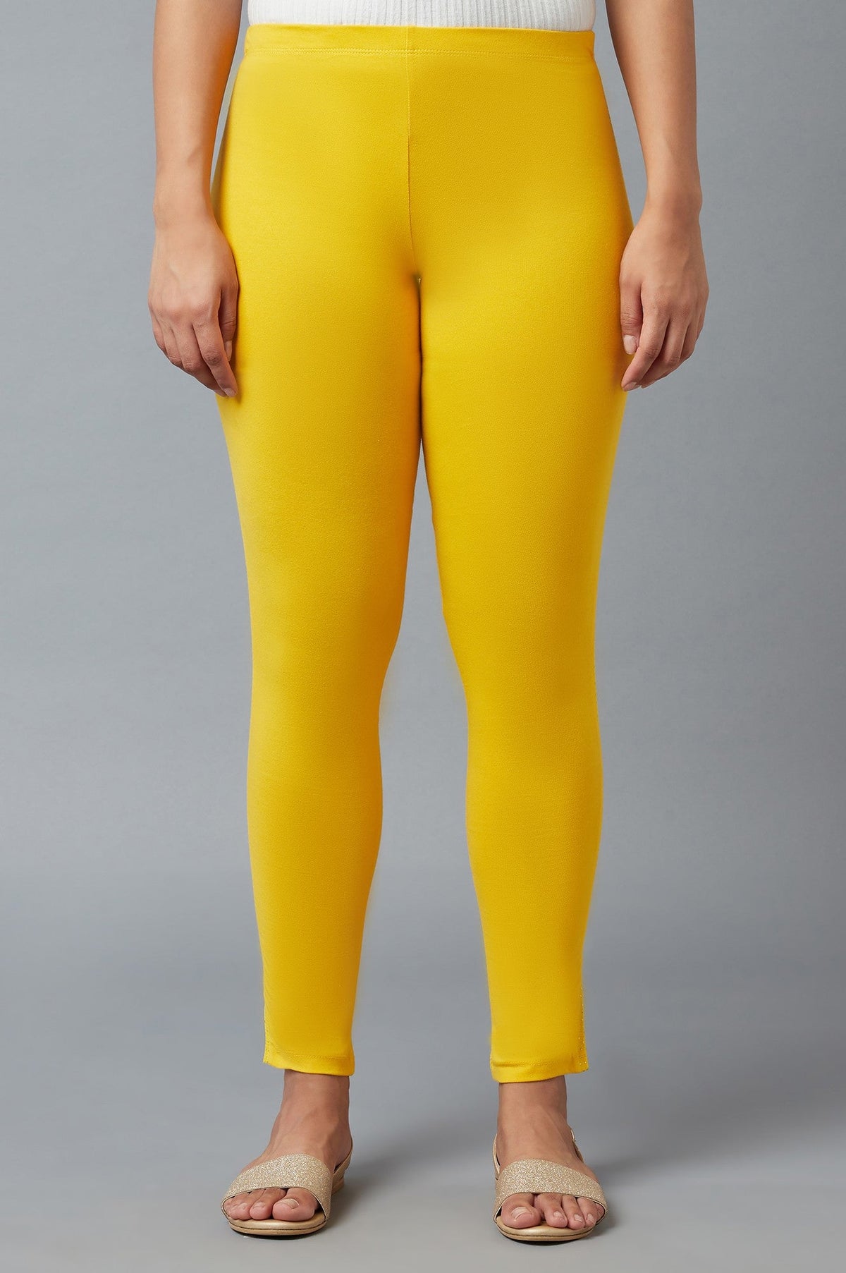 Elleven Women's Yellow Solid Skinny Fit Cotton Tights With Elasticated Waist - XS