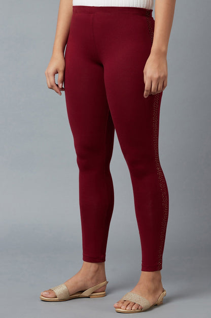 Maroon Solid Skinny Fit Cotton Tights With Elasticated Waistband