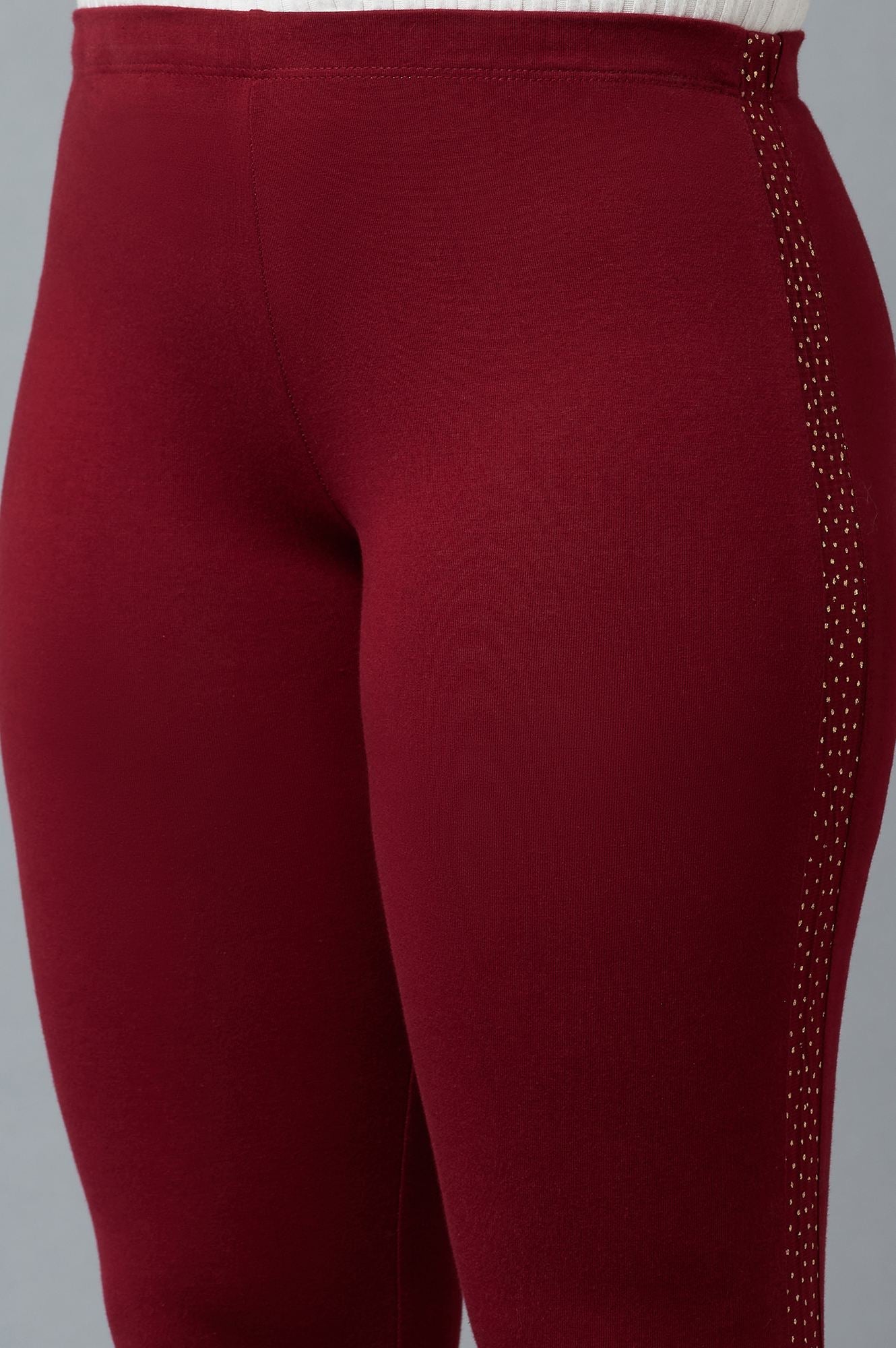 Maroon Solid Skinny Fit Cotton Tights With Elasticated Waistband