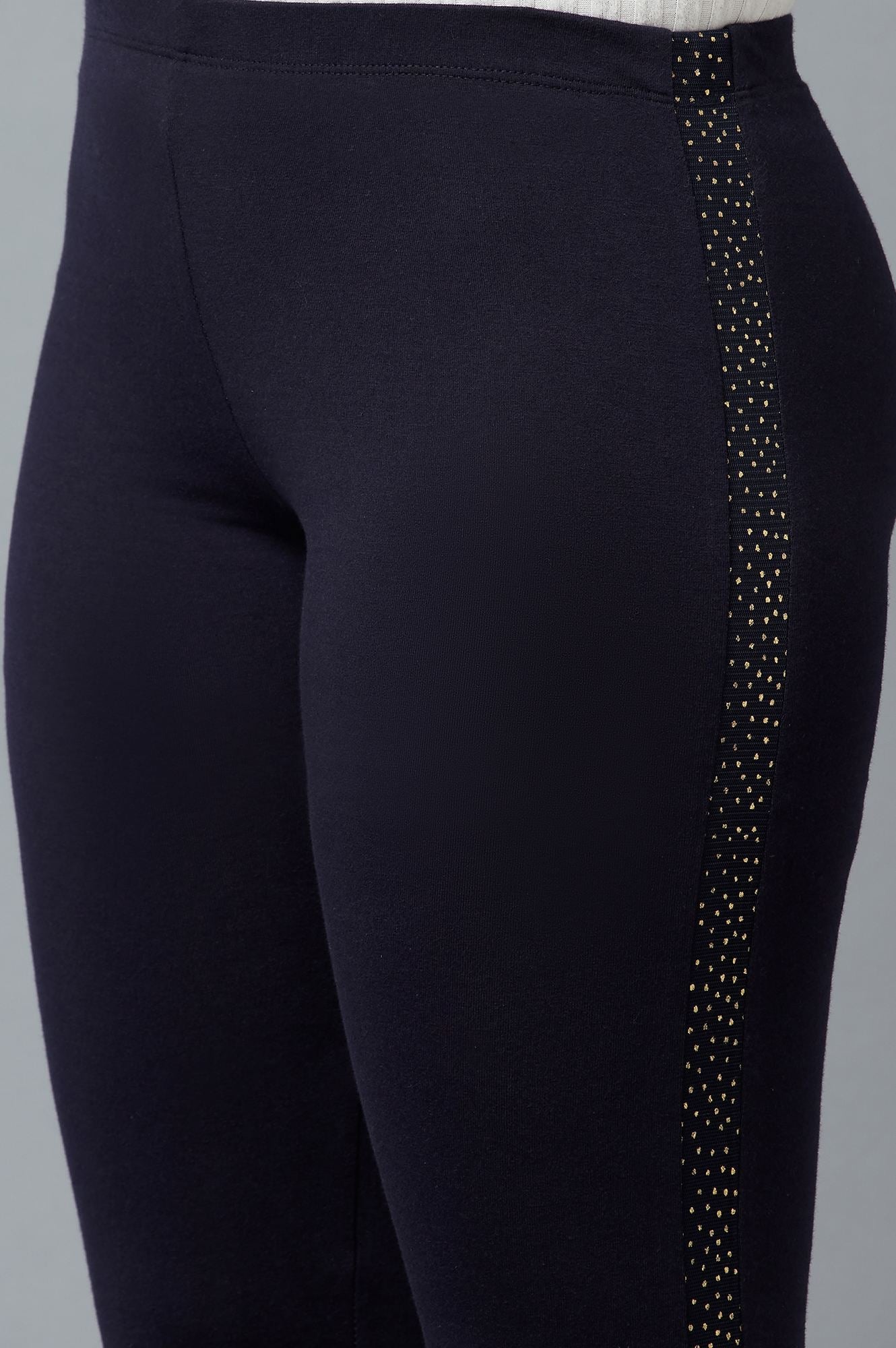 Navy Blue Solid Skinny Fit Cotton Tights With Elasticated Waist