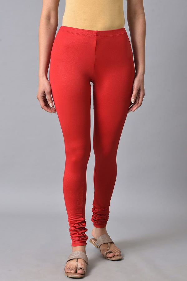 Red Solid Skinny Fit Cotton Churidar With Elasticated Waistband