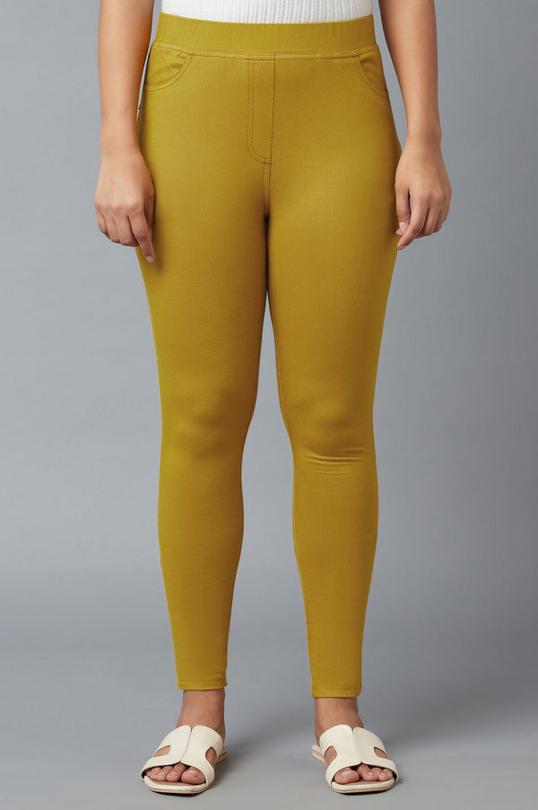 Yellow Solid Skinny Fit Cotton Jeggings With Elasticated Waist
