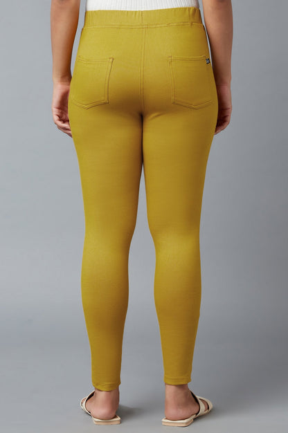 Yellow Solid Skinny Fit Cotton Jeggings With Elasticated Waist