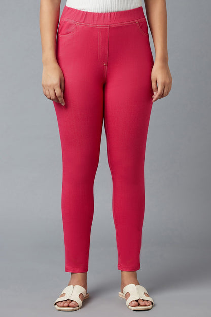 Pink Solid Skinny Fit Cotton Jeggings With Elasticated Waist