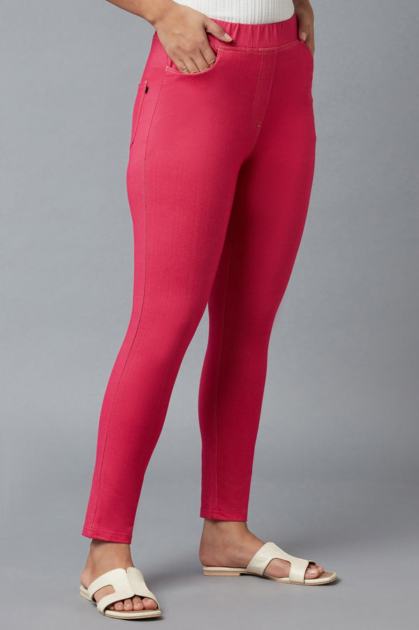 Pink Solid Skinny Fit Cotton Jeggings With Elasticated Waist