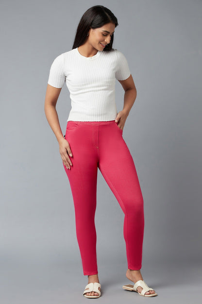 Pink Solid Skinny Fit Cotton Jeggings With Elasticated Waist