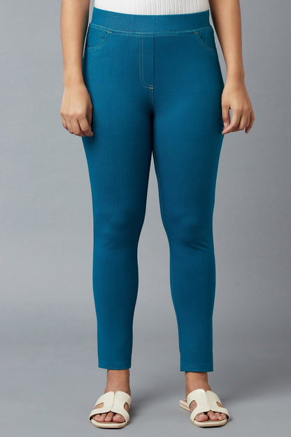 Ocean Blue Solid Skinny Fit Cotton Jeggings with Elasticated Waistband