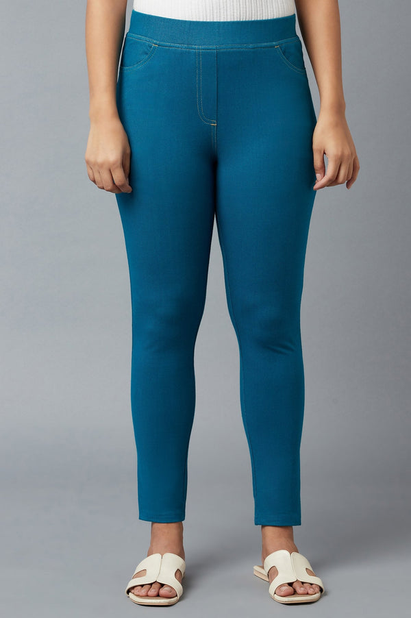 Ocean Blue Solid Skinny Fit Cotton Jeggings with Elasticated Waistband