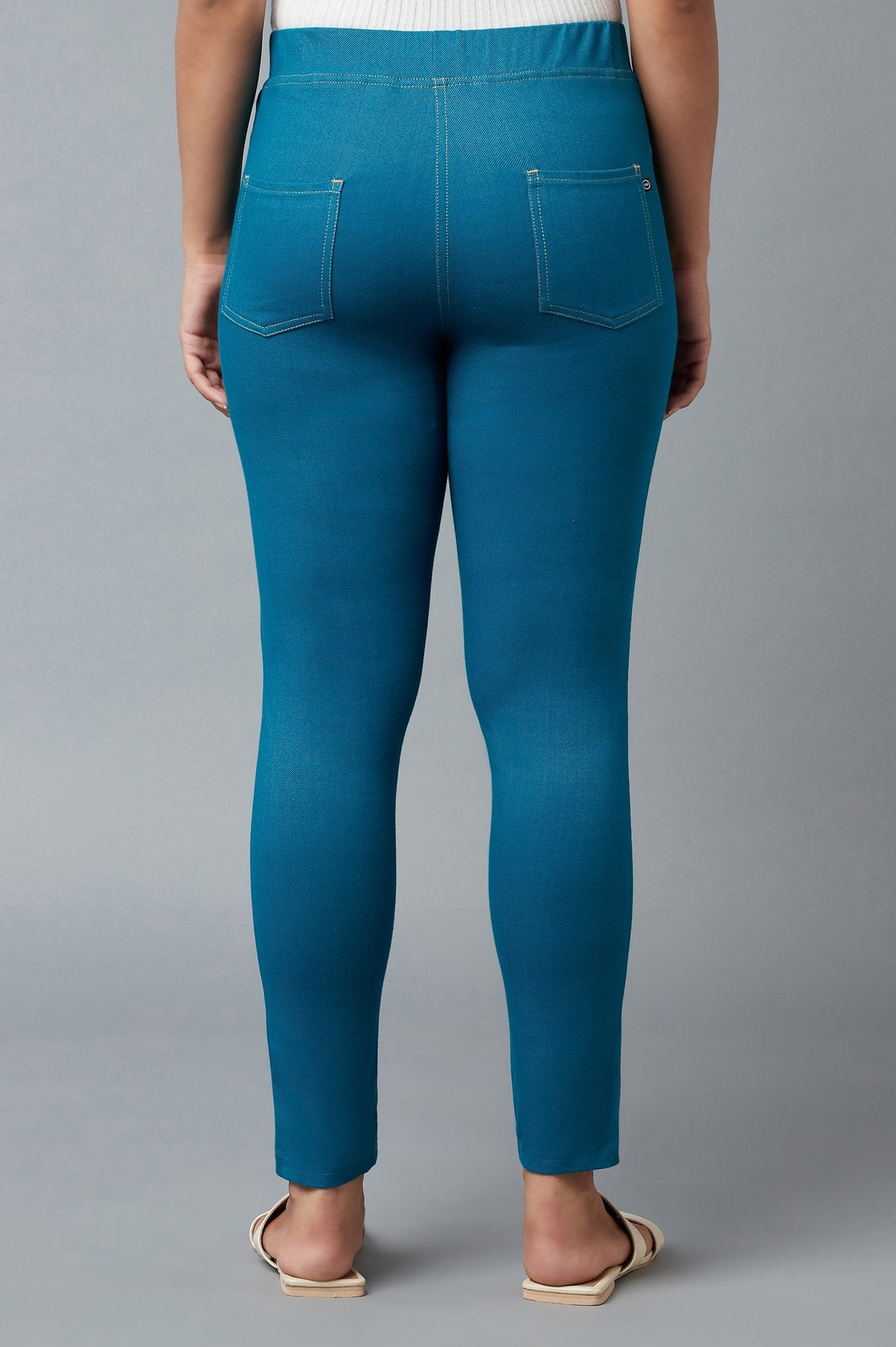 Ocean Blue Solid Skinny Fit Cotton Jeggings with Elasticated Waistband
