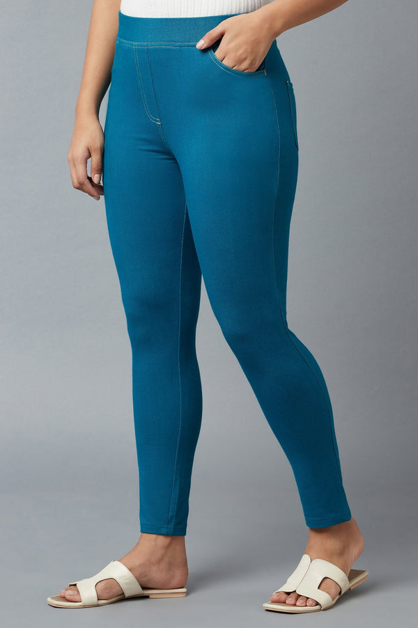 Ocean Blue Solid Skinny Fit Cotton Jeggings with Elasticated Waistband