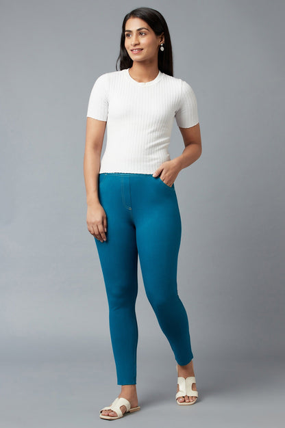 Ocean Blue Solid Skinny Fit Cotton Jeggings with Elasticated Waistband