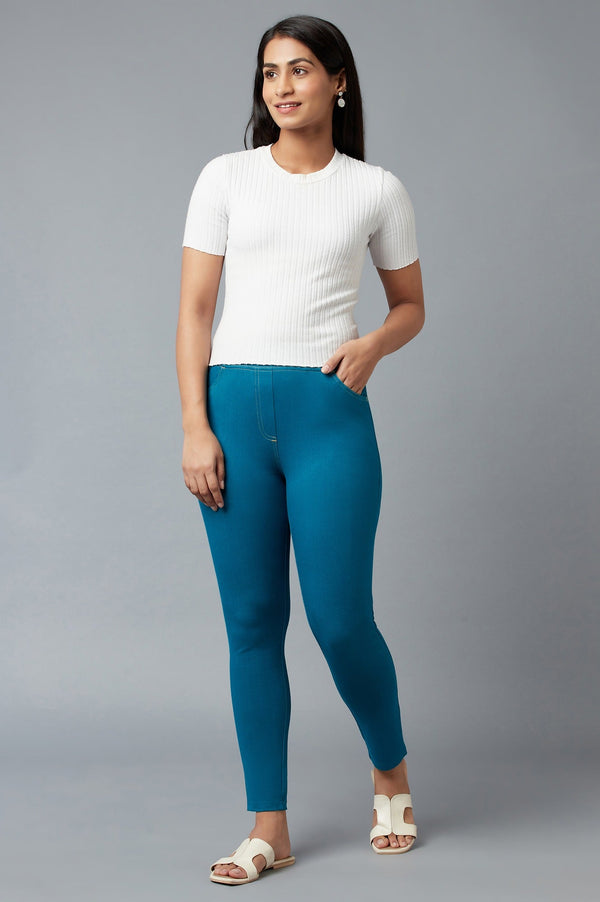 Ocean Blue Solid Skinny Fit Cotton Jeggings with Elasticated Waistband