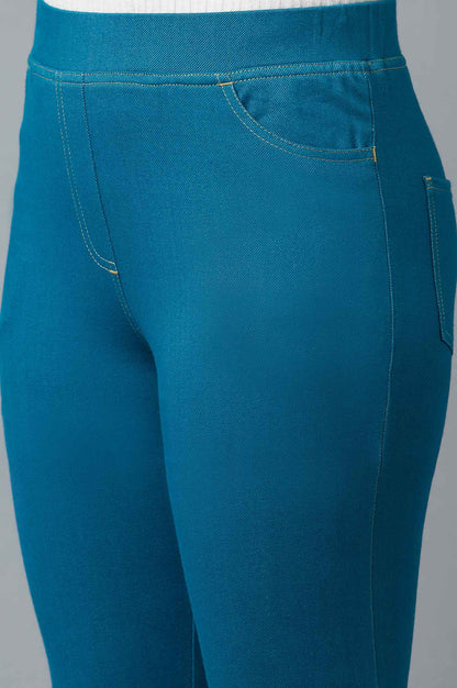 Ocean Blue Solid Skinny Fit Cotton Jeggings with Elasticated Waistband