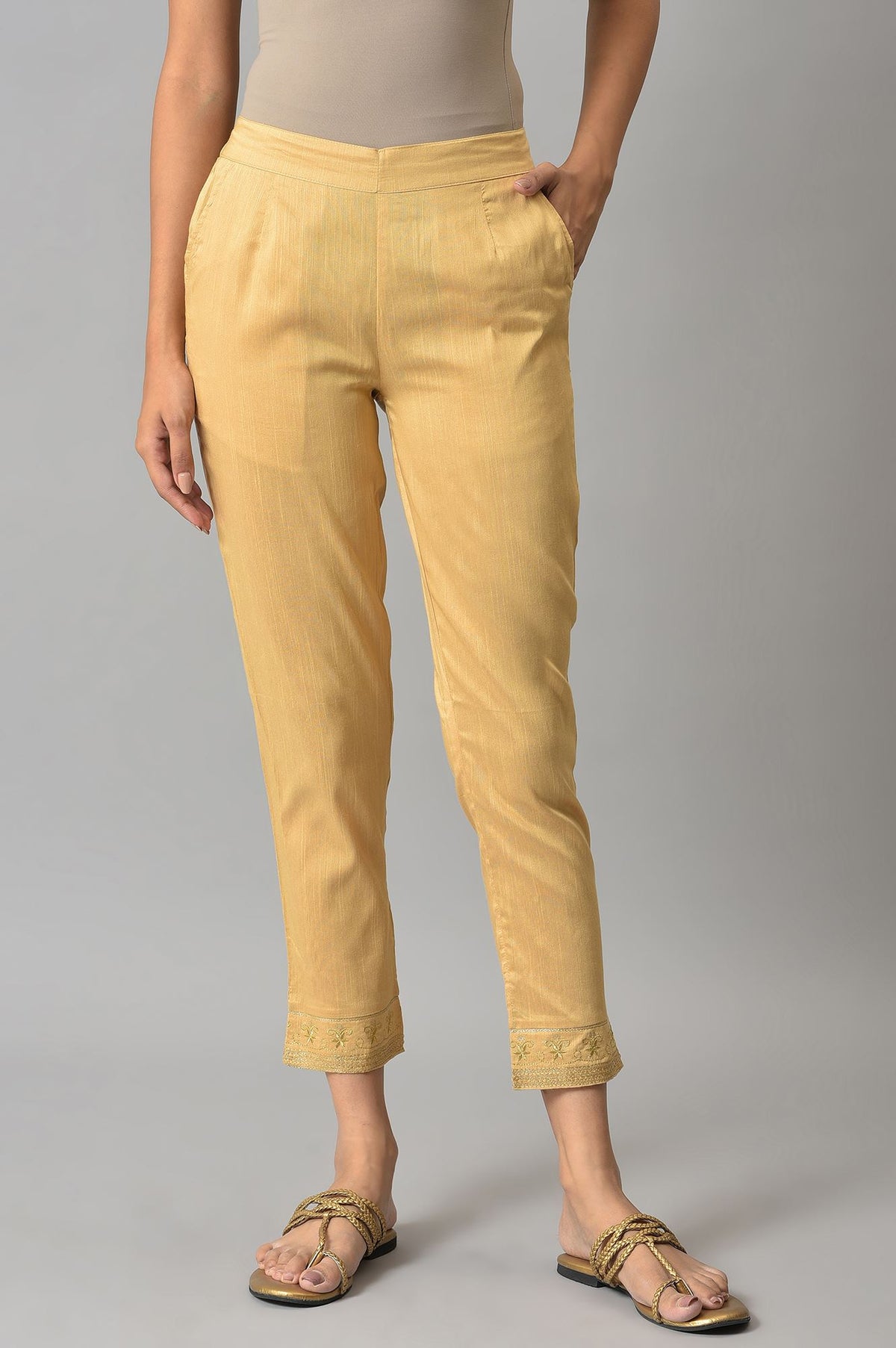 Elleven Women's Gold Floral Embroidered Straight Fit Woven Pants With Elasticated Waist - XS