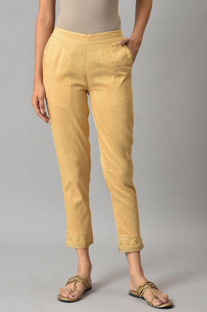 Gold Floral Embroidered Straight Fit Woven Pants With Elasticated Waist