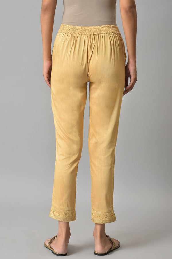 Elleven Women's Gold Floral Embroidered Straight Fit Woven Pants With Elasticated Waist