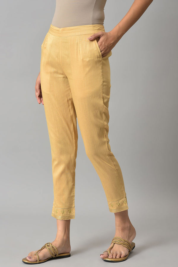 Elleven Women's Gold Floral Embroidered Straight Fit Woven Pants With Elasticated Waist
