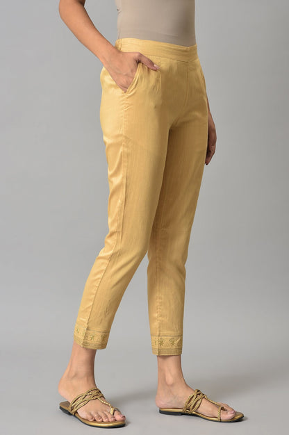 Gold Floral Embroidered Straight Fit Woven Pants With Elasticated Waist