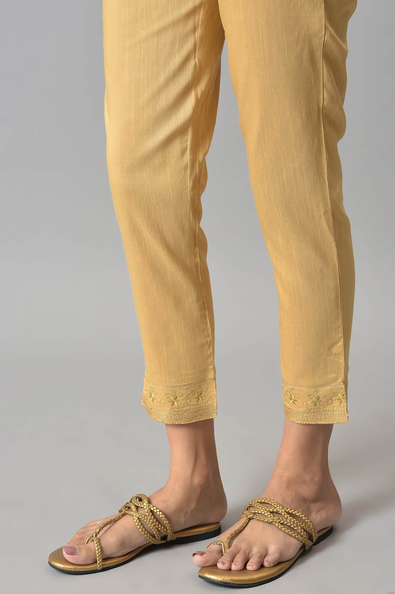 Gold Floral Embroidered Straight Fit Woven Pants With Elasticated Waist