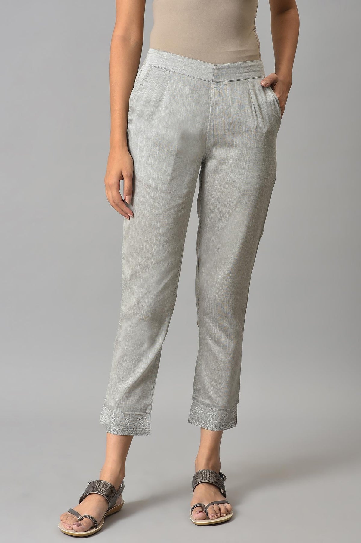 Elleven Women's Grey Floral Embroidered Straight Fit Woven Pants With Elasticated Waist - S