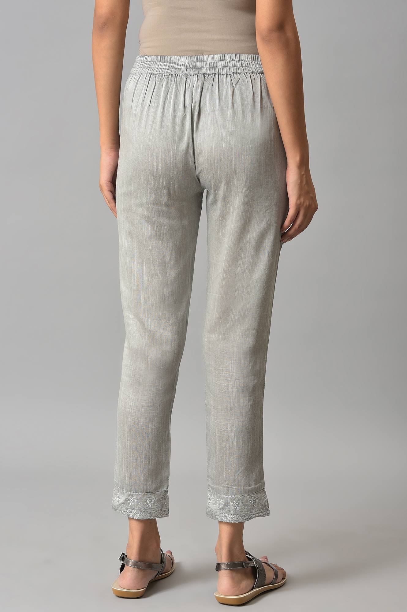 Grey Floral Embroidered Straight Fit Woven Pants With Elasticated Waist