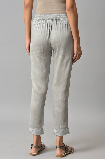 Grey Floral Embroidered Straight Fit Woven Pants With Elasticated Waist