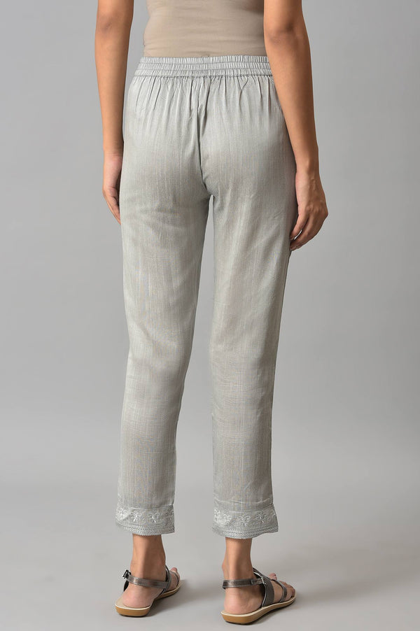 Grey Floral Embroidered Straight Fit Woven Pants With Elasticated Waist