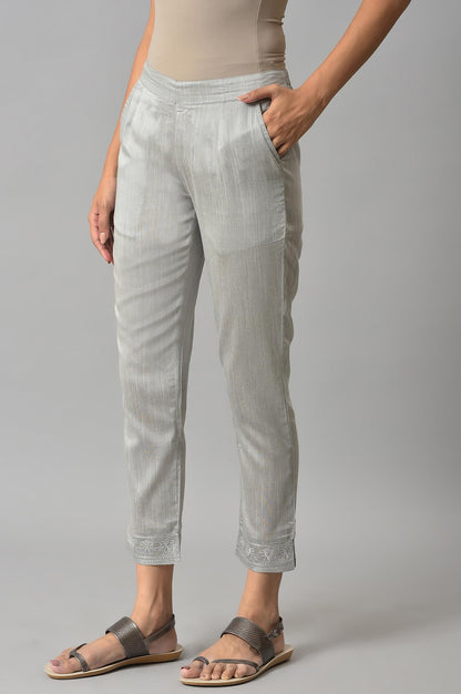 Grey Floral Embroidered Straight Fit Woven Pants With Elasticated Waist