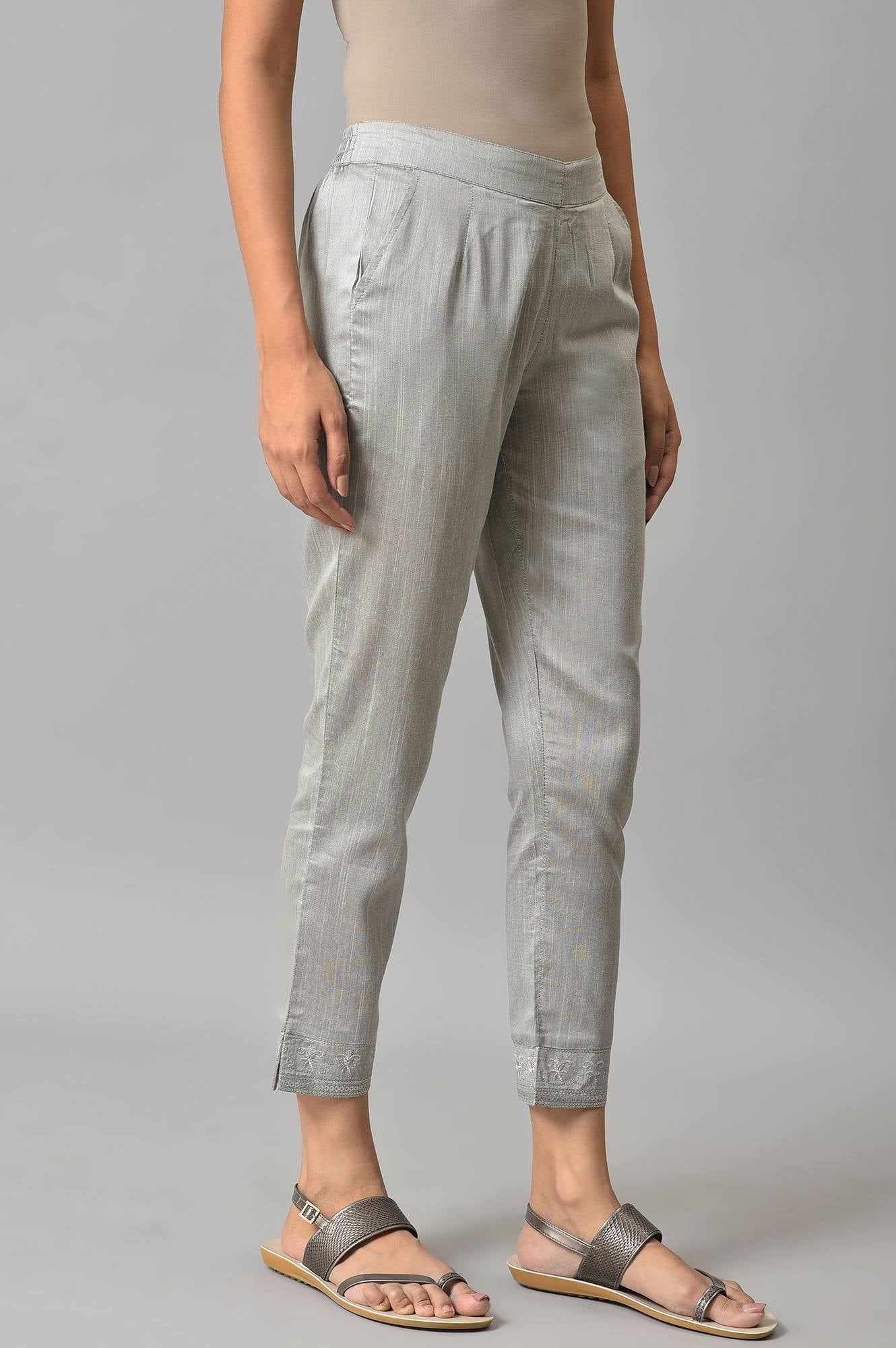 Grey Floral Embroidered Straight Fit Woven Pants With Elasticated Waist