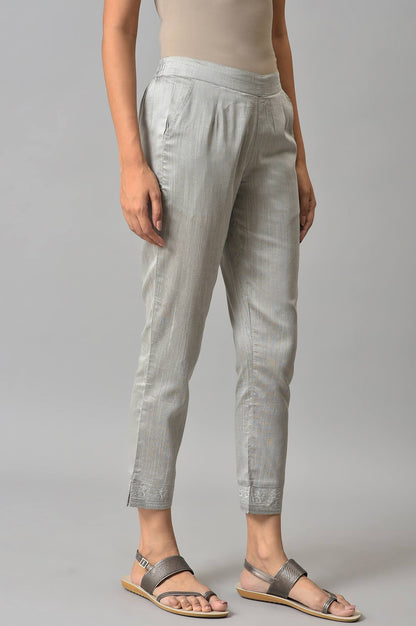 Grey Floral Embroidered Straight Fit Woven Pants With Elasticated Waist