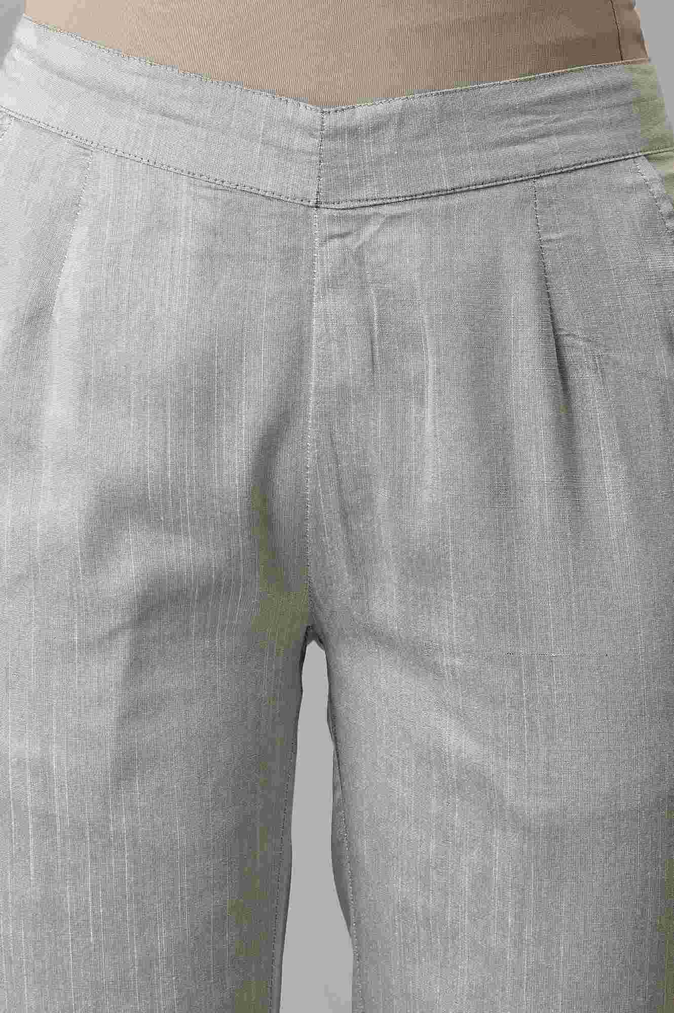 Grey Floral Embroidered Straight Fit Woven Pants With Elasticated Waist