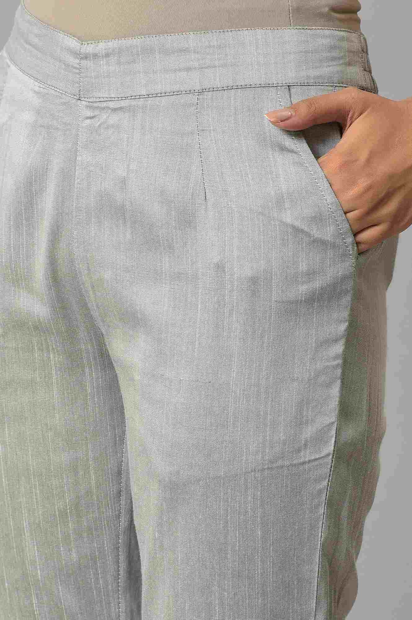 Grey Floral Embroidered Straight Fit Woven Pants With Elasticated Waist