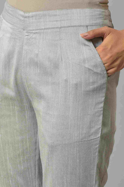 Grey Floral Embroidered Straight Fit Woven Pants With Elasticated Waist