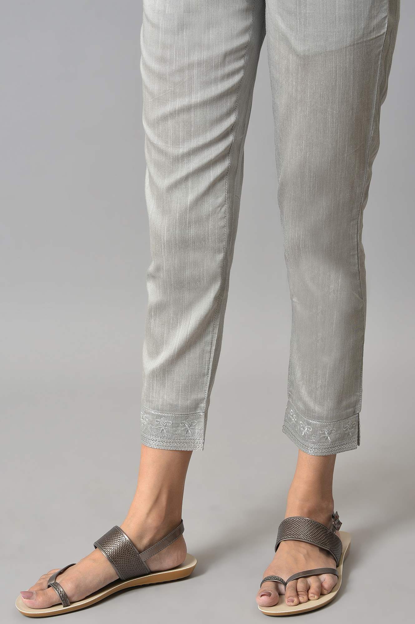 Grey Floral Embroidered Straight Fit Woven Pants With Elasticated Waist