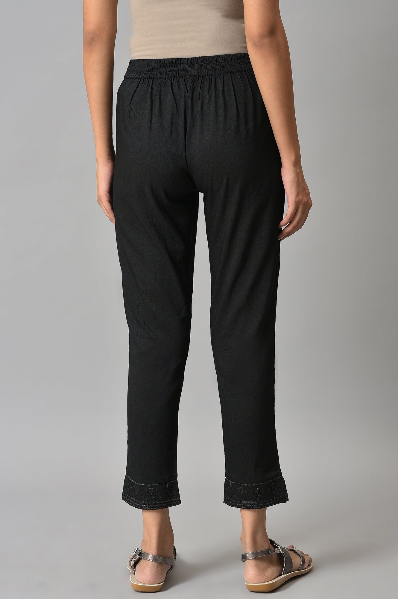 Black Floral Printed Straight Fit Pants With Elasticated Waist