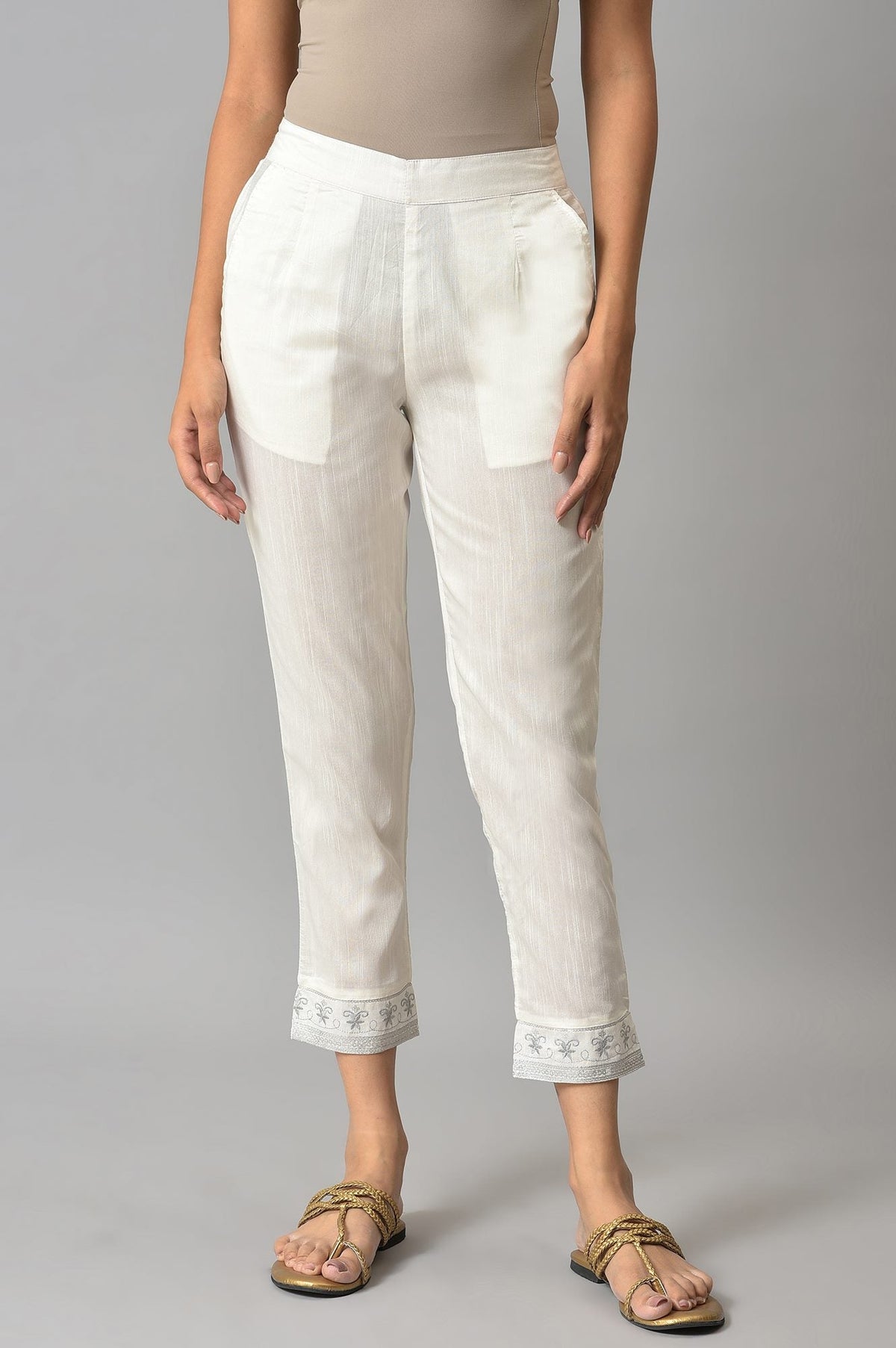 Elleven Women's White Floral Wide Leg Cotton Pants With Elasticated Waist - XS
