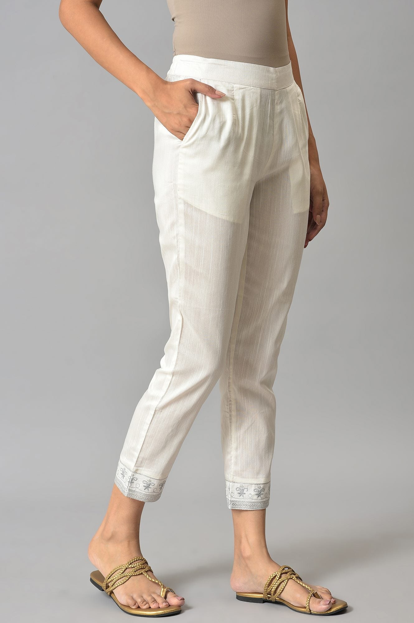 White Floral Wide Leg Cotton Pants With Elasticated Waist
