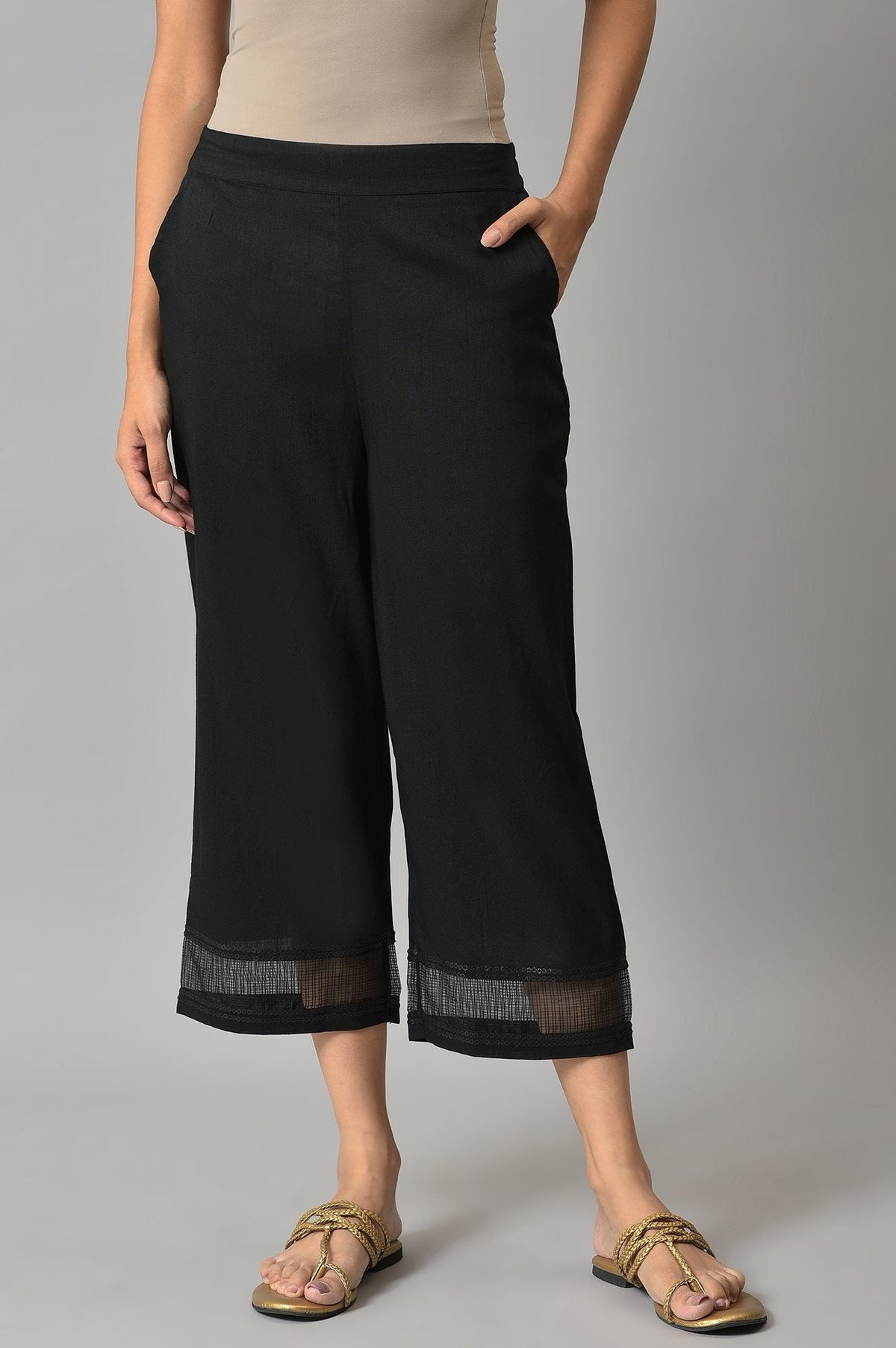Elleven Women's Black Solid Straight Fit Culottes With Sheer Hem Detail - XS