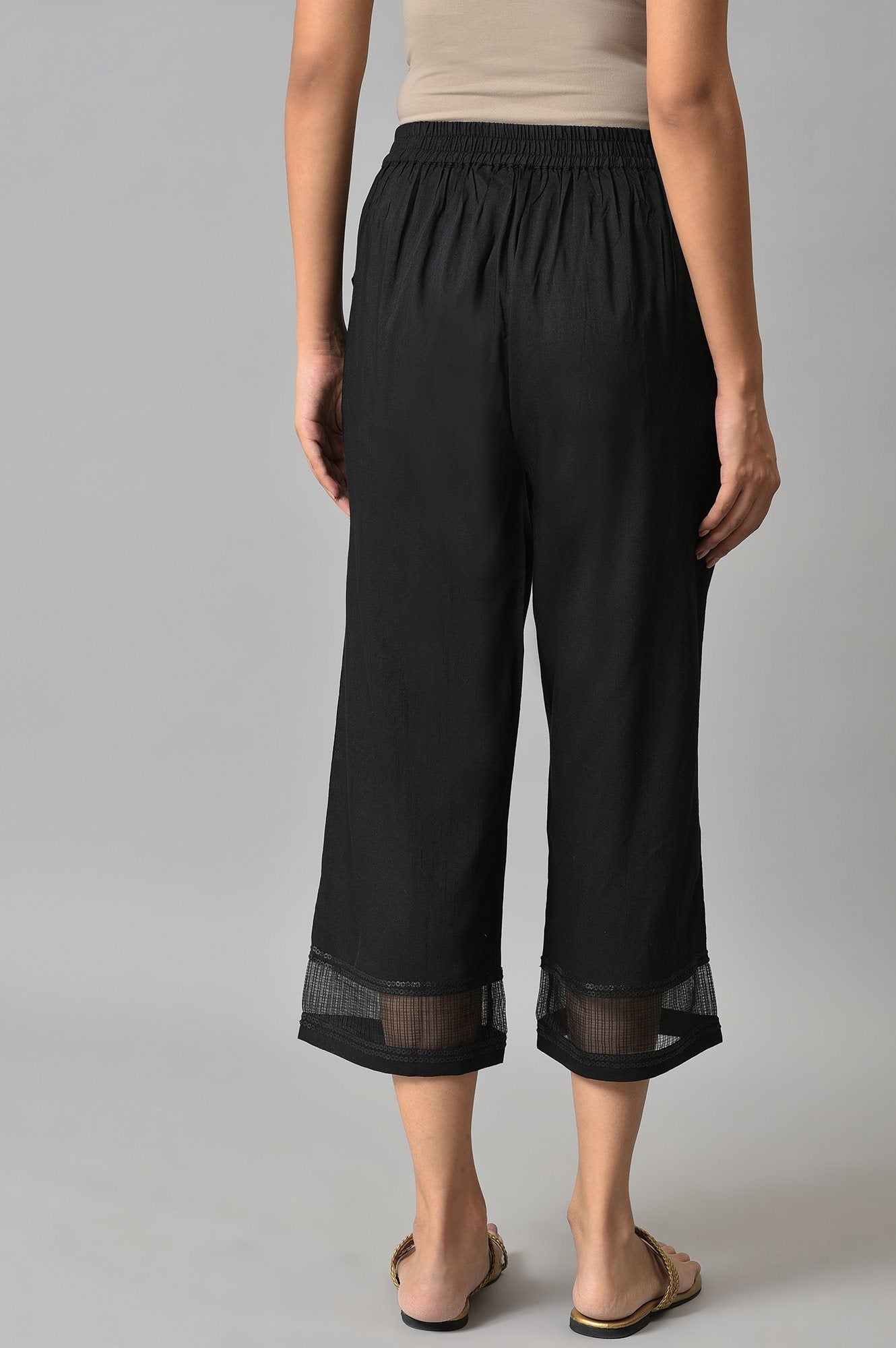 Black Solid Straight Fit Culottes With Sheer Hem Detail