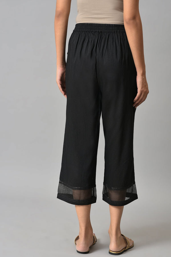 Elleven Women's Black Solid Straight Fit Culottes With Sheer Hem Detail
